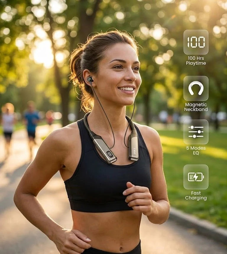 Tanawal Mart XKIN magnetic neckband wireless earphones shown in black with in-ear design and flexible neckband for comfortable wear