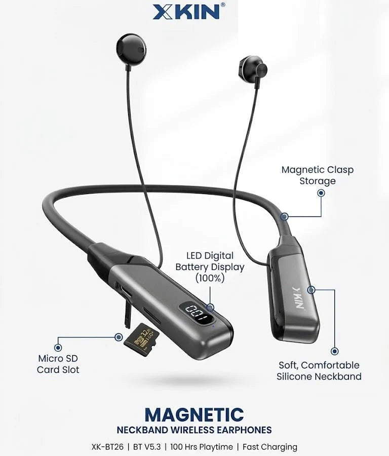 Tanawal Mart XKIN magnetic neckband wireless earphones resting around the neck, with earbuds connected by a flexible band.