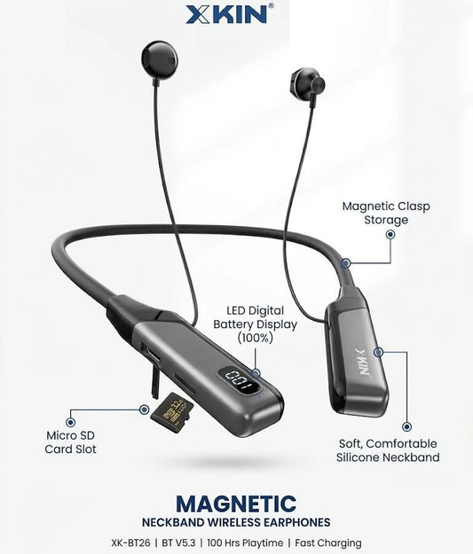 Tanawal Mart XKIN magnetic neckband wireless earphones resting around the neck, with earbuds connected by a flexible band.