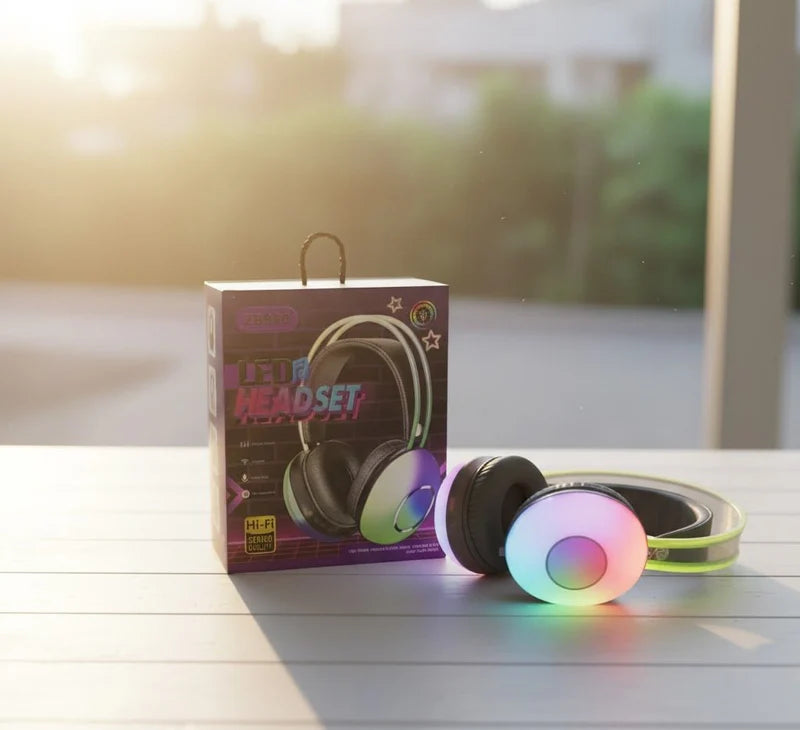Wireless LED headset by Tanawal Mart with over-ear design and built-in LED lights for immersive audio and style.