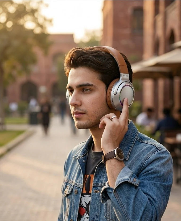 Wireless over-ear headphones from Tanawal Mart with cushioned ear cups and adjustable headband for comfortable listening.