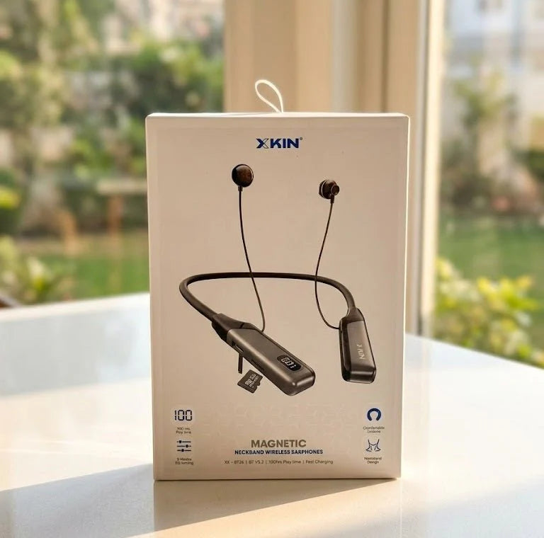 Tanawal Mart XKIN magnetic neckband wireless earphones shown with black neckband and in-ear earbuds, on a white background.