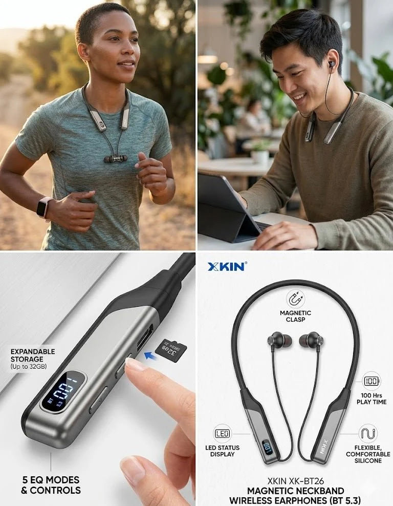 Tanawal Mart XKIN magnetic neckband wireless earphones shown with sleek black design and built-in magnetic earbuds.