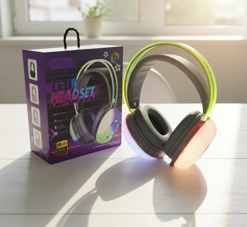 Wireless LED headset by Tanawal Mart with over-ear design, built-in LED lights, and adjustable headband for comfortable wear.