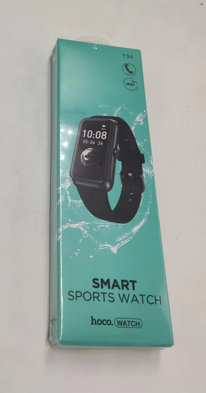 Hoco smart sports watch with black band and digital display, showing fitness tracking features and time on a sleek smartwatch.