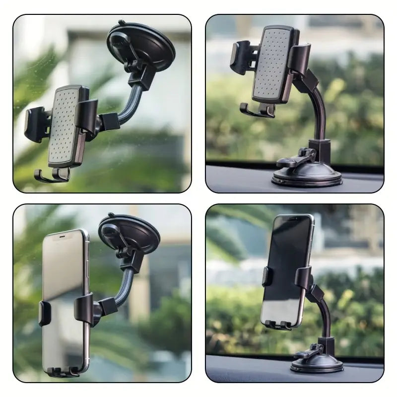 Tanawal Mart rotating car phone holder attached to a car dashboard, showcasing adjustable grip and 360-degree rotation for hands-free use