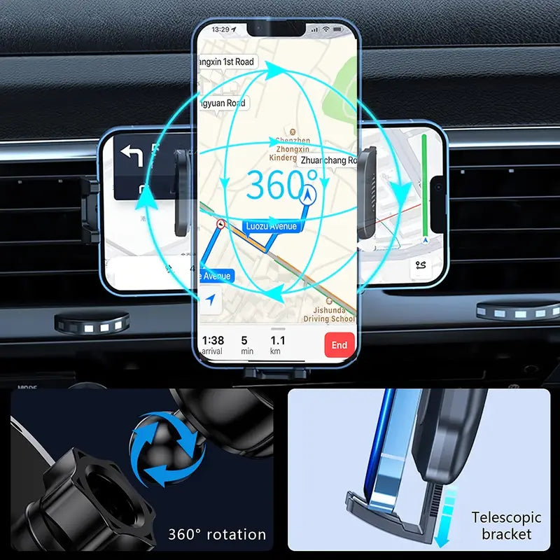 Tanawal Mart rotating car phone holder mounted on a car dashboard with phone secured in place, adjustable for optimal viewing.