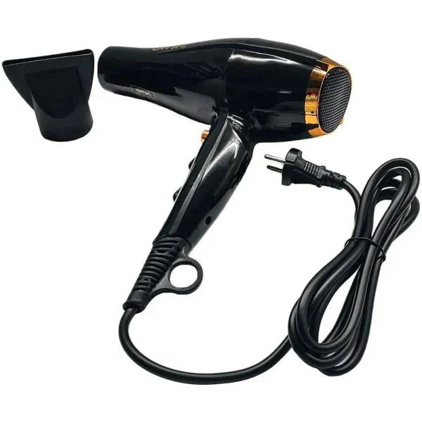Olympia OE-X9 hair dryer by Tanawal Mart, sleek black design with a professional styling nozzle and ergonomic handle.
