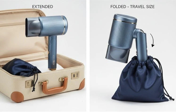 Tanawal Mart portable foldable hair dryer with compact design, lightweight body, and foldable handle for easy travel and storage.