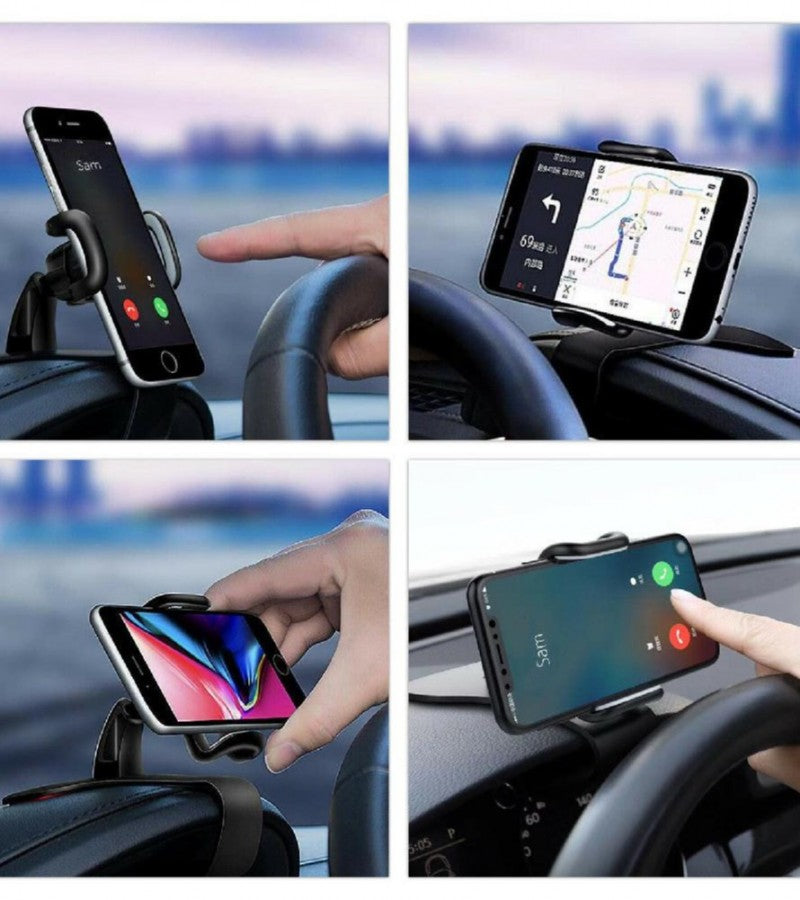 Tanawal Mart rotating car phone holder mounted on a dashboard with 360-degree swivel for easy phone access and secure grip.