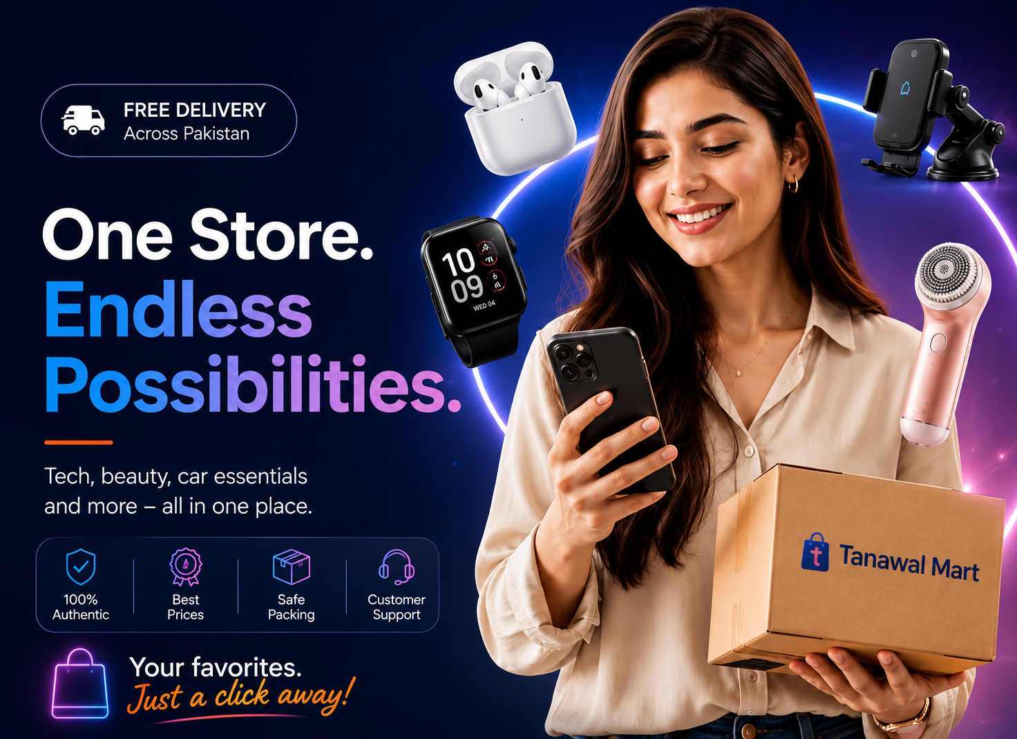Woman shopping online for smart gadgets and accessories from Tanawal Mart